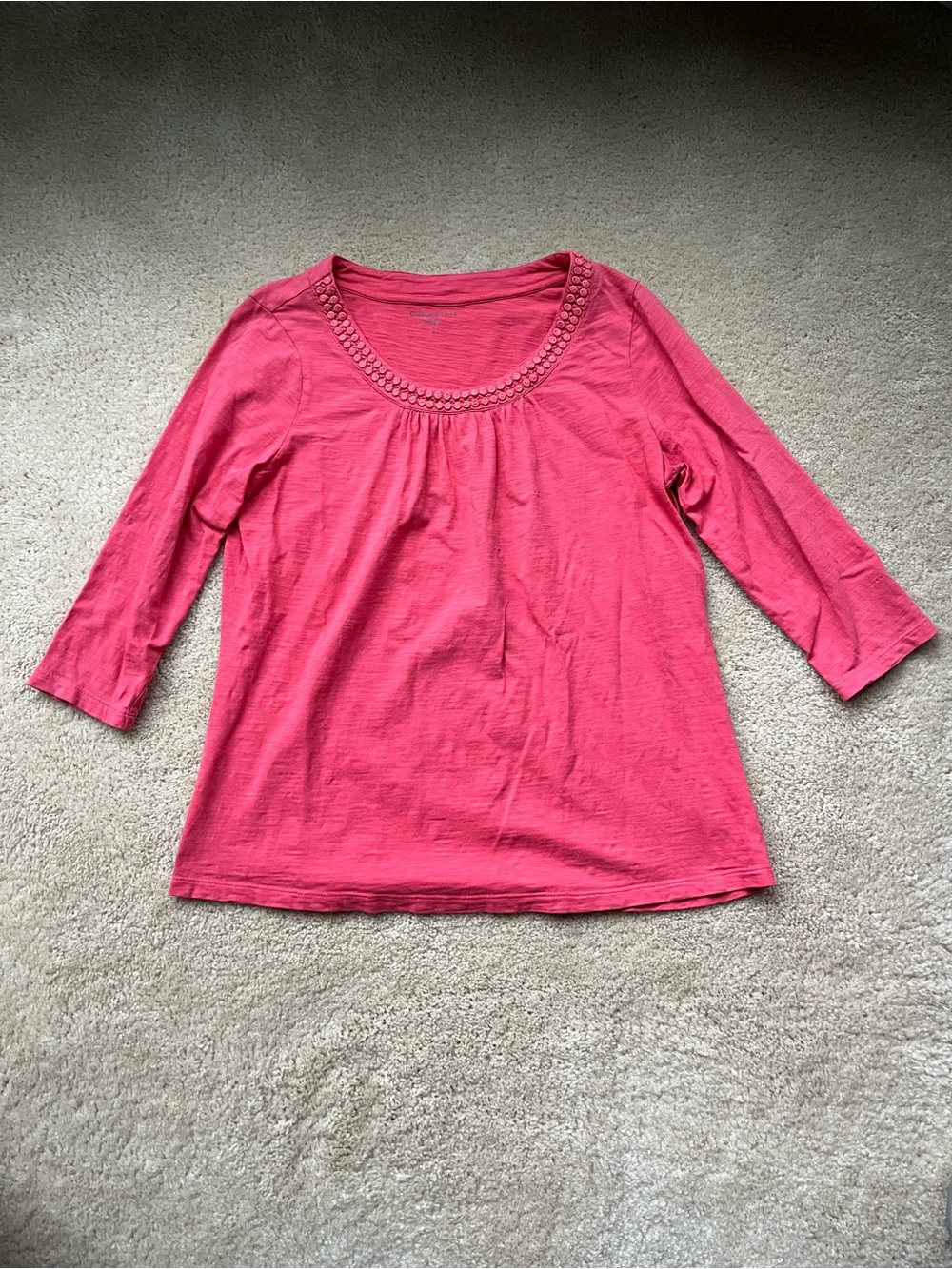 Coldwater Creek Coral Pink Shirt w/ Crochet Neckline Trim - Size S - VGUC
